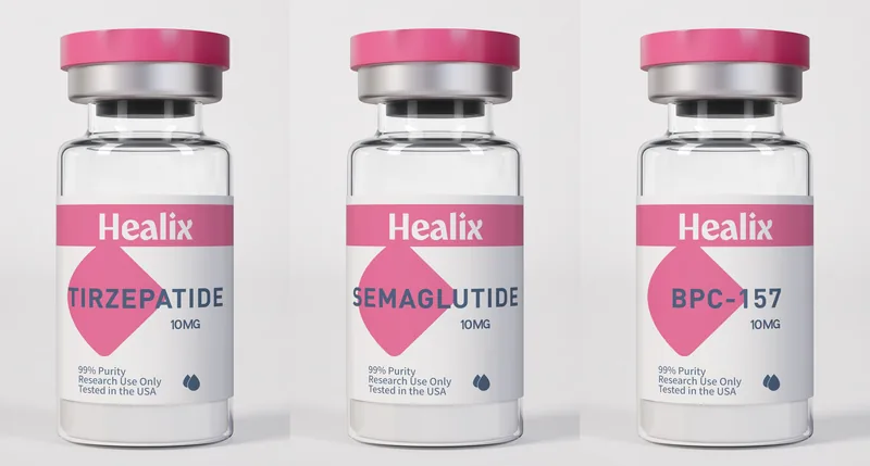 Three glass vials with printed labels, rendered as a product lineup