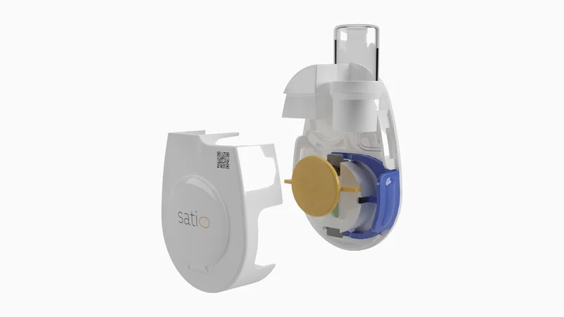 Exploded view of a wearable drug delivery device, rendered in 3D on white
